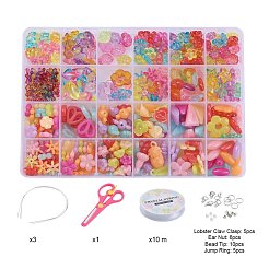 DIY ブレスレット & アイロン ヘアバンド ジュエリー キット  イミテーションゼリー/透明アクリルビーズ/ペンダント付き  弾性水晶の線  はさみ  合金製カニカン  ピアスキャッチ  保存容器  ミックスカラー  19x13x2.2cm&nbsp;DIY-YW0001-39