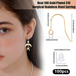 304ステンレススチールピアスフック100個  100個のプラスチック製イヤーナット付き  18KGP本金メッキ  15x19x0.7mm  穴：2mm  ピン：0.7mm&nbsp;STAS-BBC0008-78B