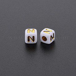 不透明な白いアクリルビーズ  ライン入り  文字でキューブ  文字.n  4.5mm  穴：2mm  約500個/50g&nbsp;X-MACR-Q242-010N