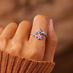 女性用真鍮マイクロパヴェキュービックジルコニアオープンカフリング  花  プラチナ  内径: 調節可能&nbsp;FS-WG5EBF4-01