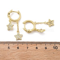 真鍮マイクロペーブクリアキュービックジルコニアハギーフープピアス  長持ちメッキ  スター  18KGP本金メッキ  32.5mm  ピン：0.9mm&nbsp;EJEW-K083-43G