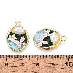 ラックメッキ合金ラインストーンエナメルペンダント  楕円形と花  ABSの模造パールと  ライトゴールド  22x15.5x6mm  穴：1.8mm&nbsp;ENAM-N065-09KCG