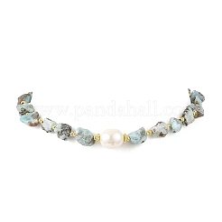 Raw Rough Natural Larimar Beaded Necklaces with Oval Shell Pearl for Women&nbsp;NJEW-JN06591