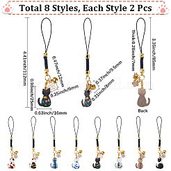 16Pcs 8 Style Cat Alloy Enamel Mobile Straps&nbsp;HJEW-SC00122