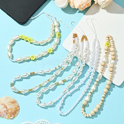 ABSプラスチック製模造真珠と木材とポリマー粘土のビーズ付き携帯ストラップ1セット  ナイロンコードモバイルアクセサリー装飾  丸と涙と花  ミックスカラー  26~26.5cm  5スタイル  1個/スタイル  5個/セット&nbsp;HJEW-FH0001-54