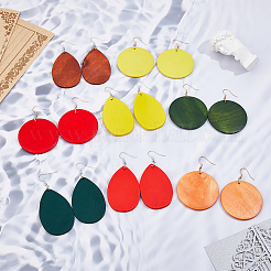 8 Pairs 8 Style Natural Wood Flat Round & Teardrop Dangle Earrings&nbsp;EJEW-FI0001-48