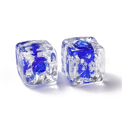 蓄光ガラスビーズ  暗闇で光る  キューブ  ブルー  11x11x10mm  穴：1.6mm&nbsp;GLAA-E032-01D