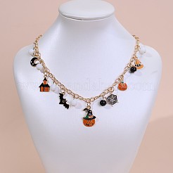 合金エナメルとプラスチックのハロウィンカボチャコウモリクモの巣ペンダントビブネックレス（女性用）  黒とオレンジ  ゴールドカラー  15.75インチ（40cm）&nbsp;FS-WGDE872-03