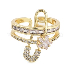 Rack Plating Brass Micro Pave Cubic Zirconia Paper Clip Open Cuff Rings for Women&nbsp;RJEW-C080-02G