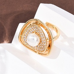 Adjustable Brass Micro Pave Clear Cubic Zirconia with ABS Plastic Pearl Cuff Rings&nbsp;RJEW-G368-05G