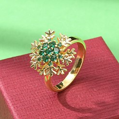 女性用スノーフレーク回転オープンカフリング  女性用真鍮マイクロパヴェキュービックジルコニアフィジェットスピナーリング  グリーン  内径：18mm  スノーフレーク：15.5x16.5mm&nbsp;RJEW-R007-01G