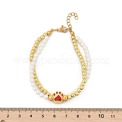 真鍮マルチ連ブレスレット  女性用エナメルチャームブレスレット  足跡  イオンプレーティング（ip）  18KGP本金メッキ  プラスチックパールと304ステンレススチールのカニカン付き  レッド  7-1/4インチ（18.3cm）&nbsp;BJEW-M056-09G-03