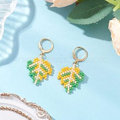 304 Stainless Steel Glass Seed Beads Leaf Hoop Earring & Stud Earring Sets&nbsp;EJEW-MZ00536