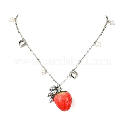 Shell Pearl & Resin Red Strawberry Pendant 304 Stainless Steel Satellite Chain Necklaces for Women&nbsp;NJEW-JN06118