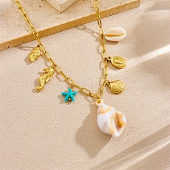 304 Stainless Steel Starfish Sea Horse Shell Shape Pendant Necklaces for Women&nbsp;NJEW-F347-01B
