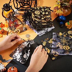 ハロウィンテーマのクモとコウモリの頭蓋骨プリントオーガンジー巾着バッグ40個、4スタイル  長方形  ミックスカラー  15~15.5x10x0.03cm  10個/スタイル&nbsp;ABAG-TA0002-03