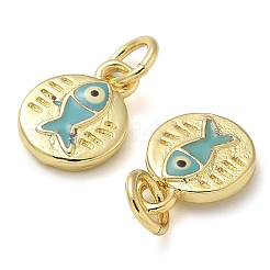 ラックメッキ真鍮エナメルチャーム  丸カン付き  長持ちメッキ  鉛フリー＆カドミウムフリー  魚のチャームが付いたフラットラウンド  18KGP本金メッキ  10.5x8x2mm  穴：3mm&nbsp;X-KK-K392-06G
