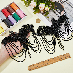 ラインストーン、ラインストーンガラス、模造真珠、刺繍糸のアイロン接着/縫い付けパッチ  布のアップリケ  タッセル付きの花  ブラック  190x200x5mm&nbsp;PATC-WH0023-42