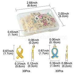 60個2スタイルアロイペンダント  エナメル  ゴールドカラー  アウェアネス リボン チャーム  ゴールドカラー  17x8~10x2~3mm  穴：1.6~2mm  30個/スタイル&nbsp;FIND-FS0001-93