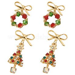 2 Pairs 2 Styles Bowknot with Wreath & Christmas Tree Alloy GLass Dangle Stud Earrings&nbsp;EJEW-TA00699
