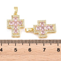 イースター 真鍮 ピンク キュービックジルコニア ペンダント  クロスチャーム  18KGP本金メッキ  18.5x13x5mm  穴：4x2mm&nbsp;KK-E800-10G
