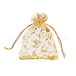 20Pcs Gold Stamping Rose Printed Organza Drawstring Bags&nbsp;OP-FP0001-01