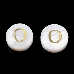 天然淡水シェルビーズ  金メッキ真鍮エッチング金属装飾付き  アルファベット付きフラットラウンド  アルファベットのO  7.5~8x4~5mm  穴：0.8mm&nbsp;SHEL-N036-01O