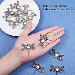 DIYのペンダント作り  チベット風亜鉛合金ペンダントラインストーン＆トレイのセッティングと透明なガラスのカボション  トンボ  アンティークシルバー  42x46.3x2mm  穴：2.5mm  トレイ：8.5mm&nbsp;PH-DIY-G005-63AS