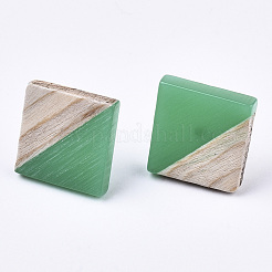 不透明な樹脂と木製のスタッドピアス  304ステンレスピン付き  菱形  ミディアムシーグリーン  17x18mm  ピン：0.7mm&nbsp;EJEW-N017-005A-B02