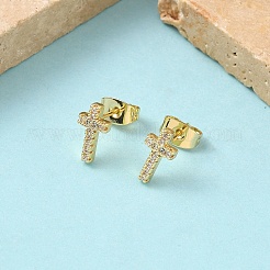 Cross Brass Micro Pave Clear Cubic Zirconia Stud Earrings&nbsp;EJEW-Z144-25G