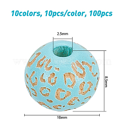 100本10色塗装天然木ビーズ  レーザー彫刻模様  ヒョウ柄のラウンド  ミックスカラー  10x8.5mm  穴：2.5mm&nbsp;WOOD-OC0002-08