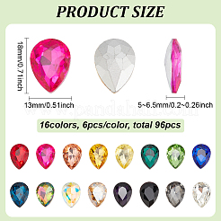 96個16色ガラスラインストーンカボション  尖ったバック＆バックメッキ  多面カット  ティアドロップ  ミックスカラー  18x13x5~6.5mm  6個/カラー&nbsp;GLAA-FG0001-17