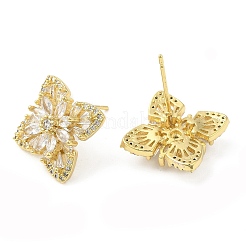 キュービックジルコニアフラワースタッドピアス  女性のための真鍮のイヤリング  18KGP本金メッキ  20x20mm&nbsp;EJEW-G353-02G