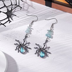 ハロウィン合金樹脂スパイダーペンダント＆304ステンレススチールダングルイヤリング（女性用）  天然アクアマリンチップビーズ付き  ガンメタ色  67x28mm&nbsp;EJEW-JE06233