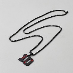 667ステンレススチールベネチアンチェーンネックレス  201ステンレススチール野球番号ペンダントネックレス  ブラック  23.31インチ（59.2cm）  ペンダント：22x23.5x1.5mm&nbsp;NJEW-WH20001-07B-EB