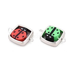 ポリマー粘土てんとう虫ビーズとccbプラスチックスクエアフレームコネクタチャーム  真鍮の二重ループ付き  プラチナ  ミックスカラー  20~21x14x4~4.5mm  穴：1.5~2mm&nbsp;CLAY-T022-32M