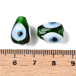 手作りのナザールボンジュウのランプワークビーズ  ティアドロップ  グリーン  13~15x9~10.5mm  穴：1~1.8mm&nbsp;LAMP-T021-16A