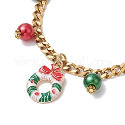 クリスマステーマ 合金エナメル クリスマスリース チャーム ブレスレット 女性用  アクリルビーズで  カラフル  7-1/4インチ（18.3cm）&nbsp;BJEW-JB11135