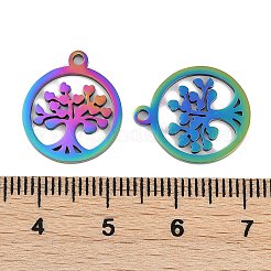 304ステンレスペンダント  レーザー切断  フラット ラウンド ツリー オブ ライフ チャーム付き  虹色  17.5x15x1mm  穴：1.5mm&nbsp;STAS-R135-18P
