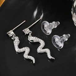 真鍮マイクロペーブクリアキュービックジルコニアスタッドピアス  925つのスターリングシルバーピン付き  ヘビ  プラチナ  28.5x7mm&nbsp;EJEW-P301-14P