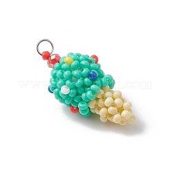 ガラスシードビーズのアイスクリームペンダント  304ステンレススチール製丸カン付き  グリーン  30.5x13mm  穴：2.5mm&nbsp;PALLOY-MZ00550-02