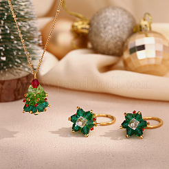 304ステンレススチールエナメルとガラスペンダントネックレス＆フープピアスセット  クリスマスツリー  ゴールドカラー  ネックレス：15.75インチ（40cm）&nbsp;FS-WG4D061-03