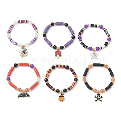 6Pcs Halloween Themed Handmade Polymer Clay Beads Stretch Bracelet Sets&nbsp;BJEW-JB12114