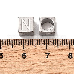 304ステンレススチールヨーロピアンビーズ  大穴ビーズ  文字付きのキューブ  文字N  7x7x7mm  穴：5mm&nbsp;STAS-D382-02N-P