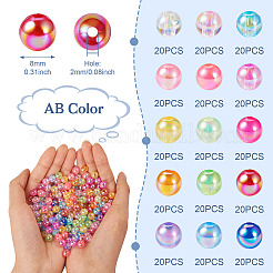 300個15色透明アクリルビーズ  ab色メッキ  ラウンド  ミックスカラー  8mm  穴：2mm  約20PCS /カラー&nbsp;MACR-TA0001-29