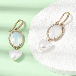 真鍮製マイクロパヴェキュービックジルコニアダングルピアス  ハート＆オーバル  ガラスとABSプラスチックパール付き  ラックめっき  長持ちメッキ  カドミウムフリー＆鉛フリー  18KGP本金メッキ  ホワイト  57x16~16.5mm&nbsp;EJEW-G471-10G-01