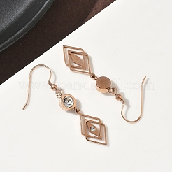 304ステンレススチールの菱形ダングルイヤリング  イオンプレーティング（ip）  ローズゴールド  50x11mm&nbsp;EJEW-Z129-12G-03