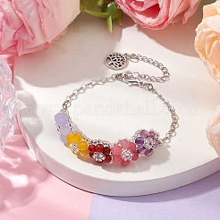 Flower Natural White Jade & Agate(Dyed) Beded Bracelets&nbsp;BJEW-MZ00076