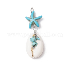 4Pcs 4 Styles Natural Cowrie Shell & Starfish Dyed Synthetic Turquoise Pendants&nbsp;PALLOY-JF03934-01