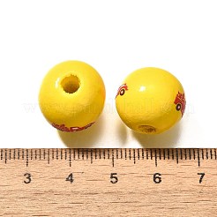 バレンタインデーの要素をプリントした木製ビーズ  ラウンド  ゴールド  16mm  穴：4mm&nbsp;WOOD-R002-01-25